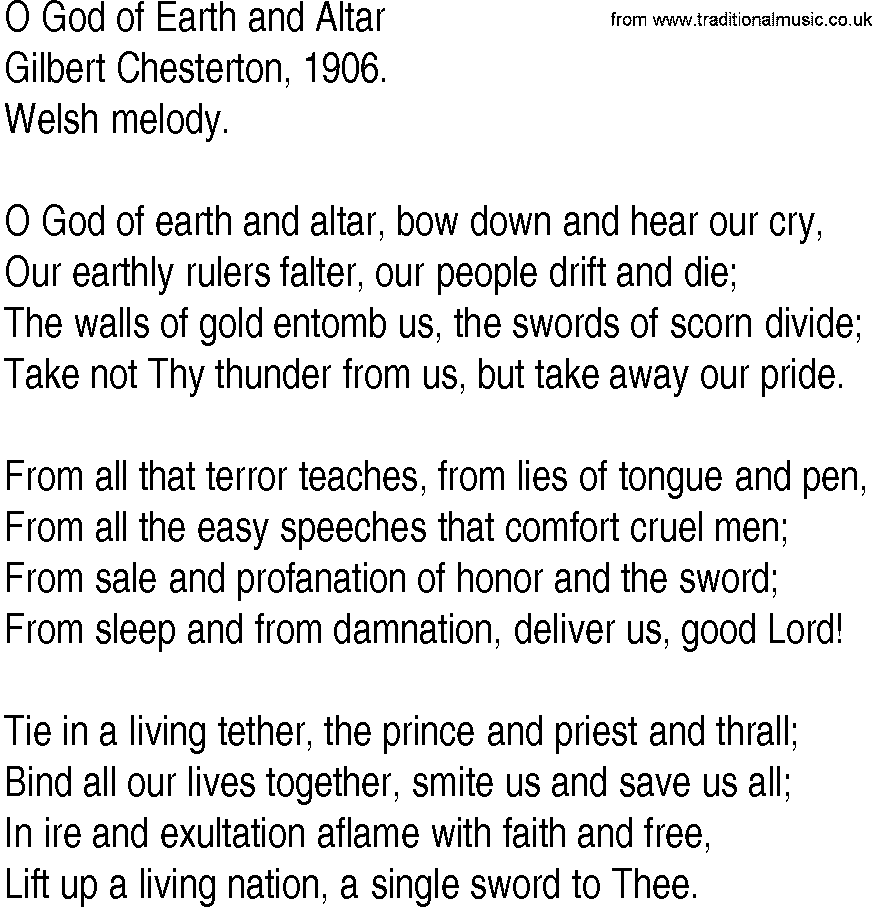 Hymn and Gospel Song: O God of Earth and Altar by Gilbert Chesterton lyrics