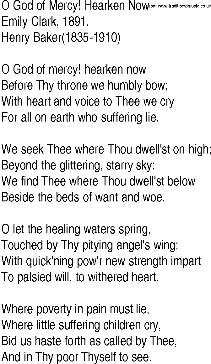 Hymn and Gospel Song: O God of Mercy! Hearken Now by Emily Clark lyrics