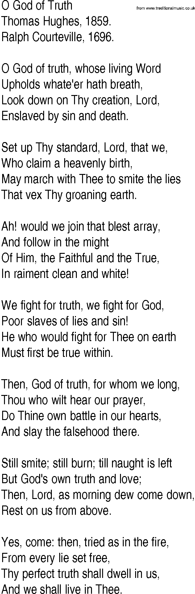 Hymn and Gospel Song: O God of Truth by Thomas Hughes lyrics