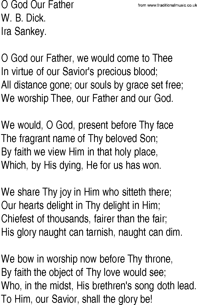 Hymn and Gospel Song: O God Our Father by W B Dick lyrics