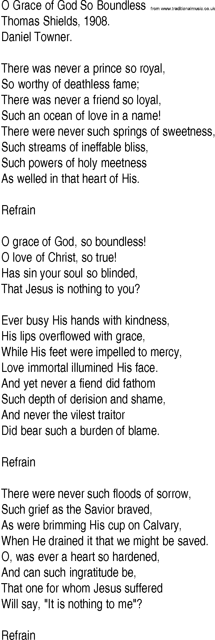 Hymn and Gospel Song: O Grace of God So Boundless by Thomas Shields lyrics