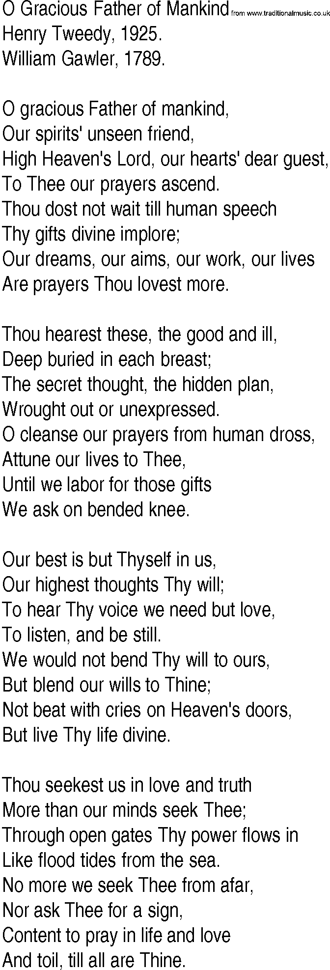 Hymn and Gospel Song: O Gracious Father of Mankind by Henry Tweedy lyrics