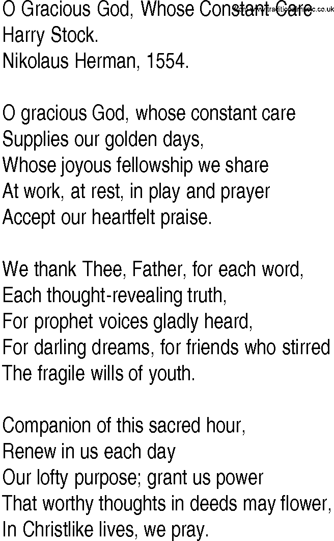 Hymn and Gospel Song: O Gracious God, Whose Constant Care by Harry Stock lyrics