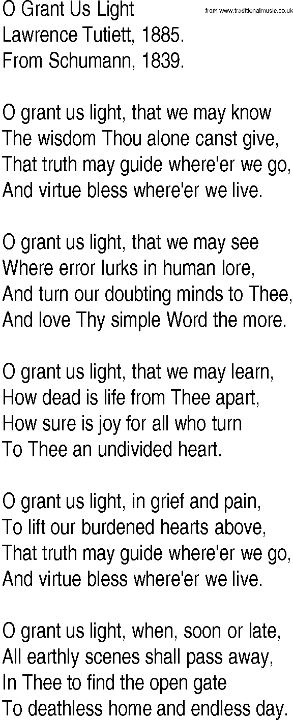 Hymn and Gospel Song: O Grant Us Light by Lawrence Tutiett lyrics