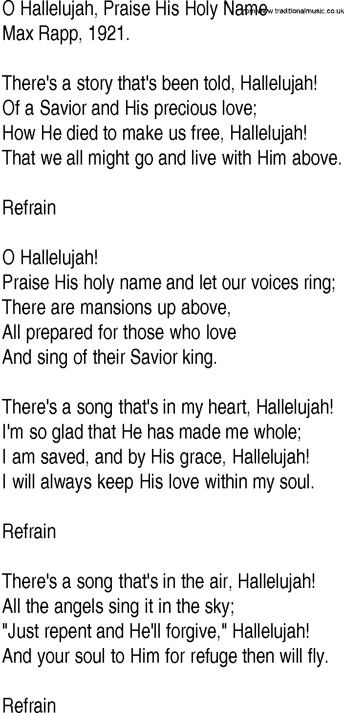 Hymn and Gospel Song: O Hallelujah, Praise His Holy Name by Max Rapp lyrics