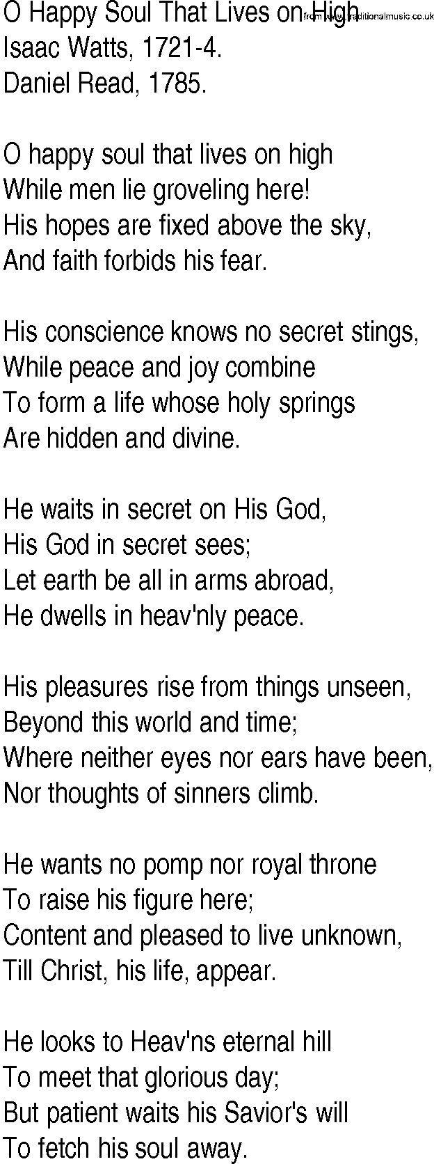 Hymn and Gospel Song: O Happy Soul That Lives on High by Isaac Watts lyrics