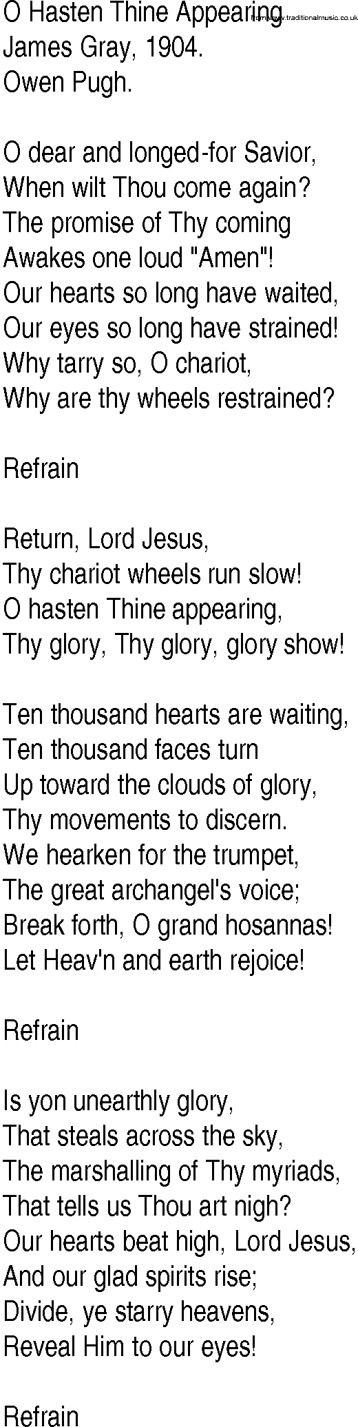 Hymn and Gospel Song: O Hasten Thine Appearing by James Gray lyrics