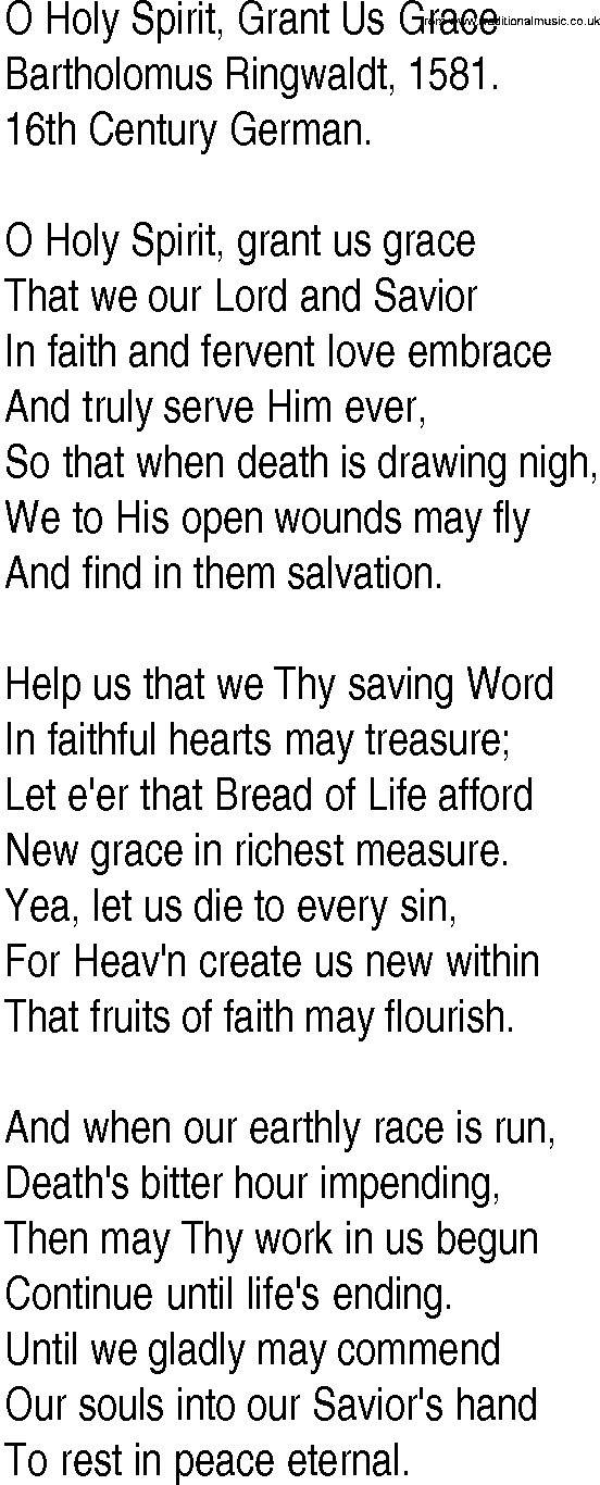 Hymn and Gospel Song: O Holy Spirit, Grant Us Grace by Bartholomus Ringwaldt lyrics