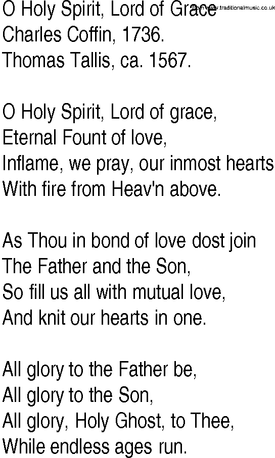Hymn and Gospel Song: O Holy Spirit, Lord of Grace by Charles Coffin lyrics