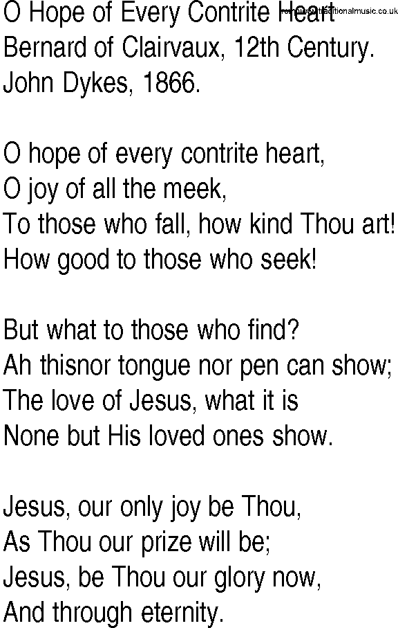 Hymn and Gospel Song: O Hope of Every Contrite Heart by Bernard of Clairvaux lyrics