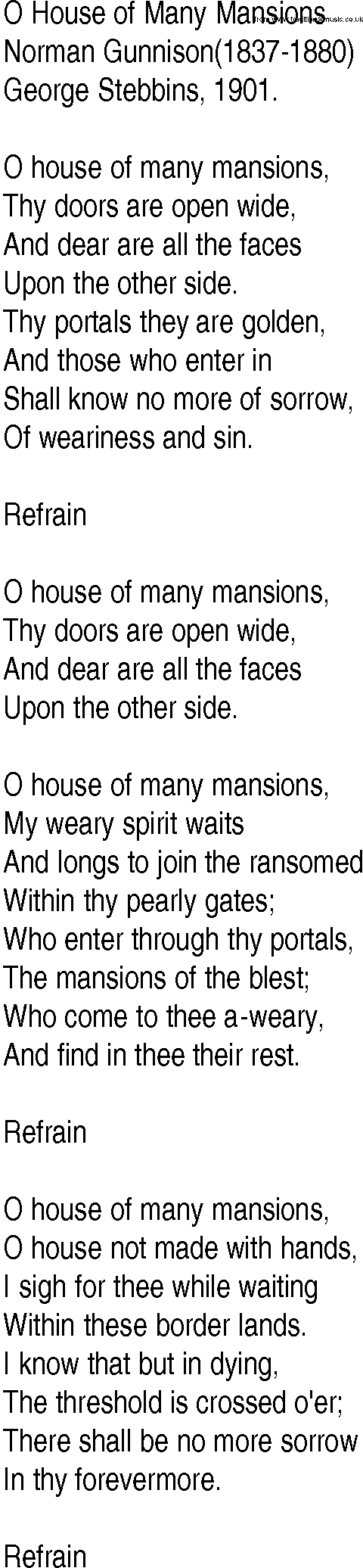 Hymn and Gospel Song: O House of Many Mansions by Norman Gunnison lyrics
