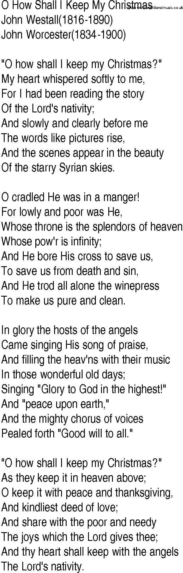 Hymn and Gospel Song: O How Shall I Keep My Christmas by John Westall lyrics