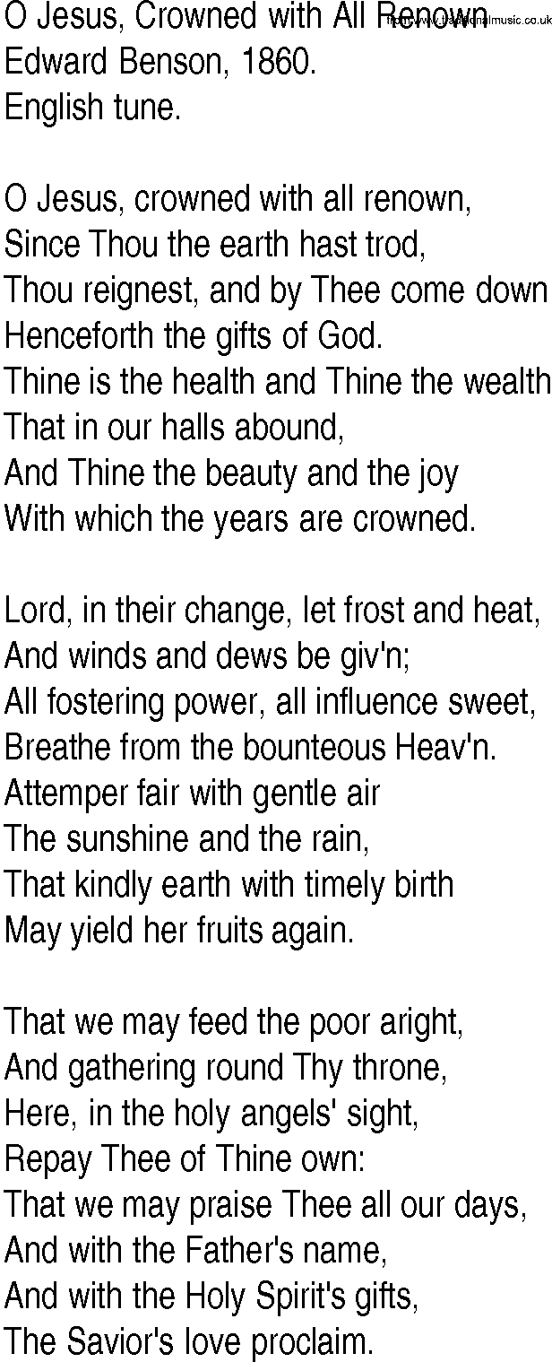 Hymn and Gospel Song: O Jesus, Crowned with All Renown by Edward Benson lyrics