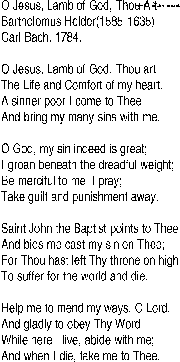 Hymn and Gospel Song: O Jesus, Lamb of God, Thou Art by Bartholomus Helder lyrics