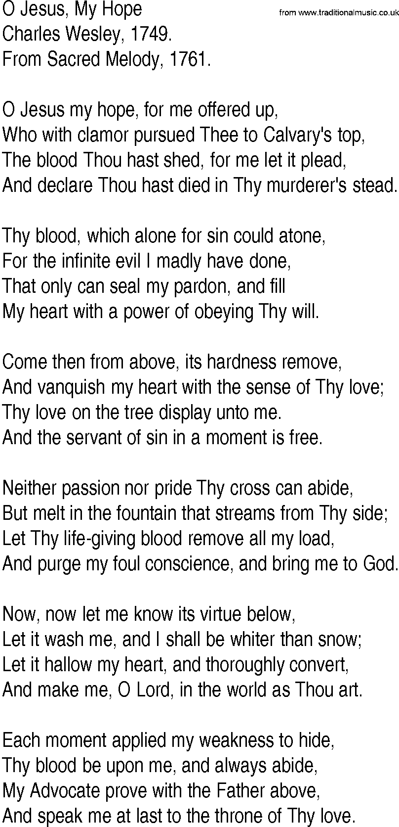 Hymn and Gospel Song: O Jesus, My Hope by Charles Wesley lyrics