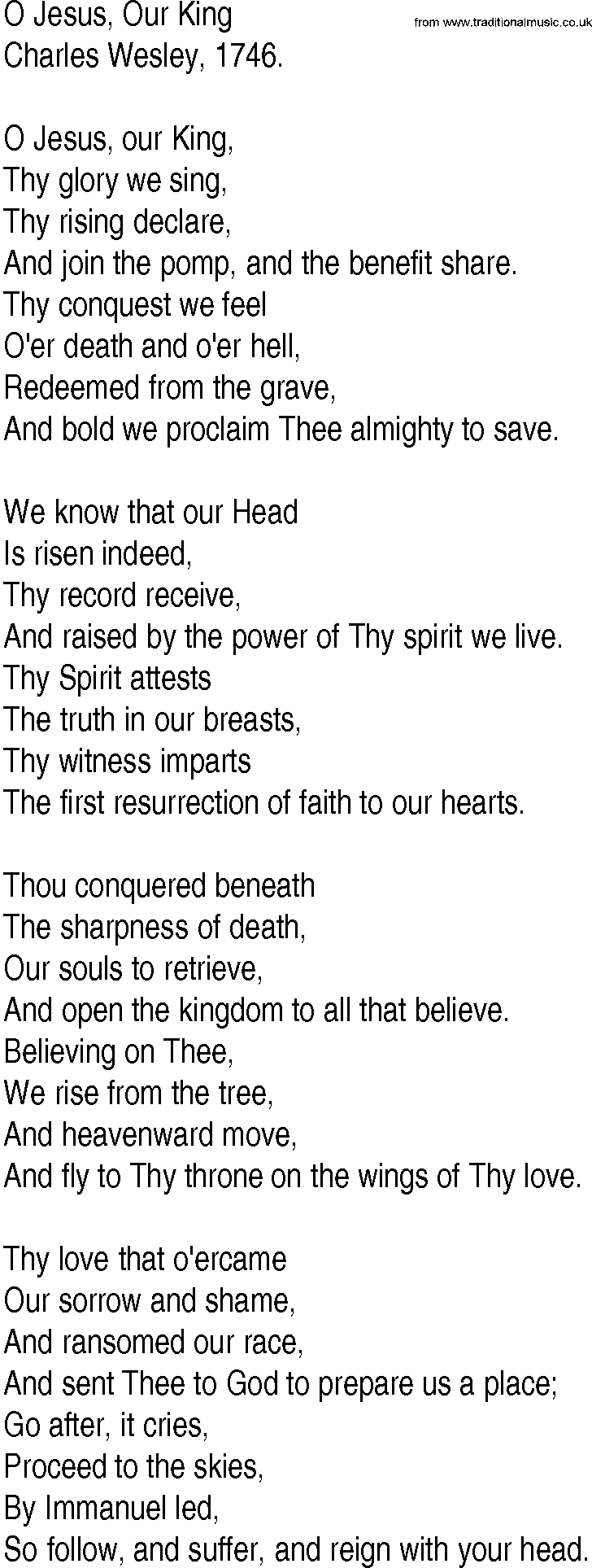 Hymn and Gospel Song: O Jesus, Our King by Charles Wesley lyrics