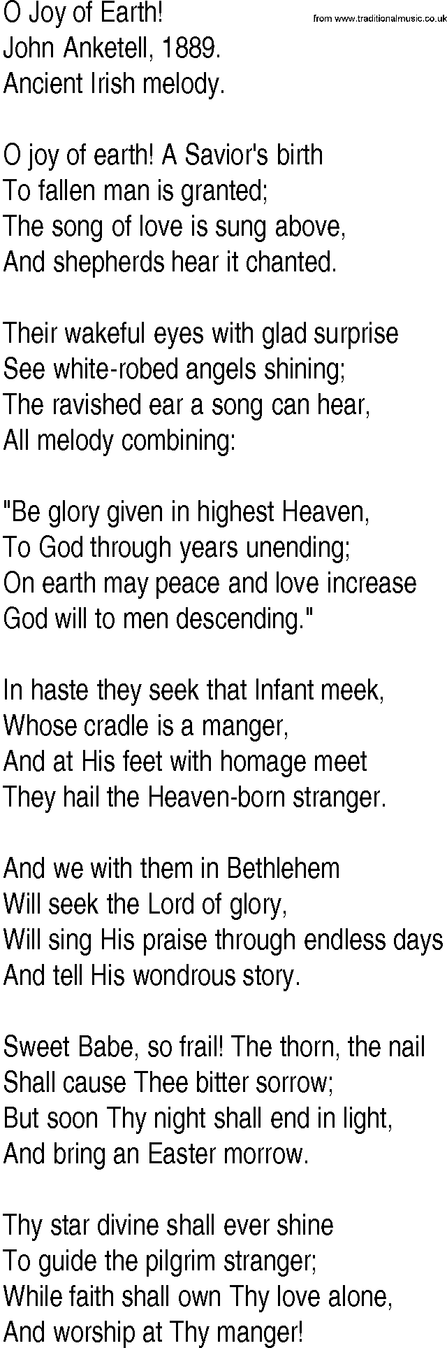 Hymn and Gospel Song: O Joy of Earth! by John Anketell lyrics