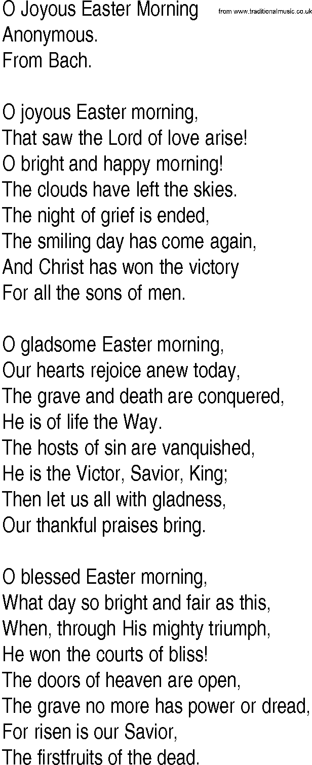 Hymn and Gospel Song: O Joyous Easter Morning by Anonymous lyrics