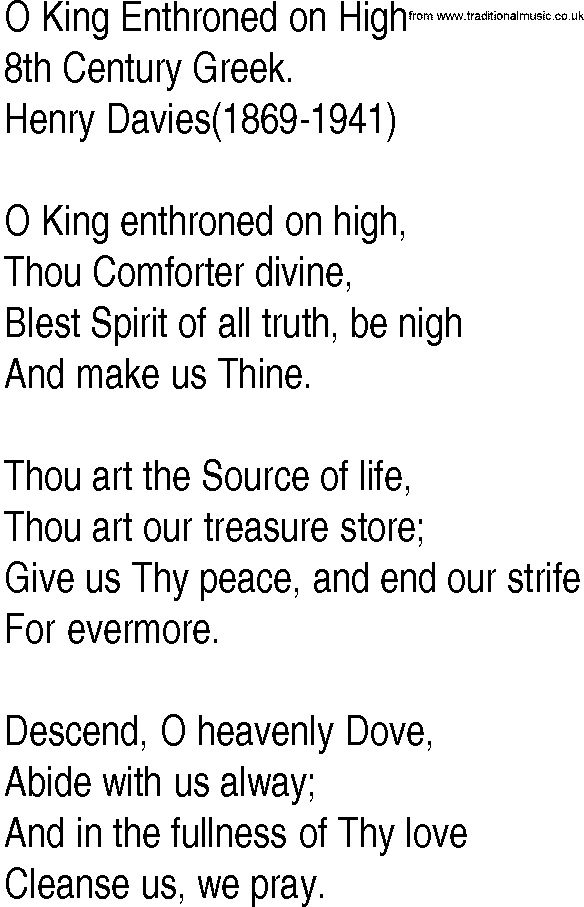 Hymn and Gospel Song: O King Enthroned on High by th Century Greek lyrics