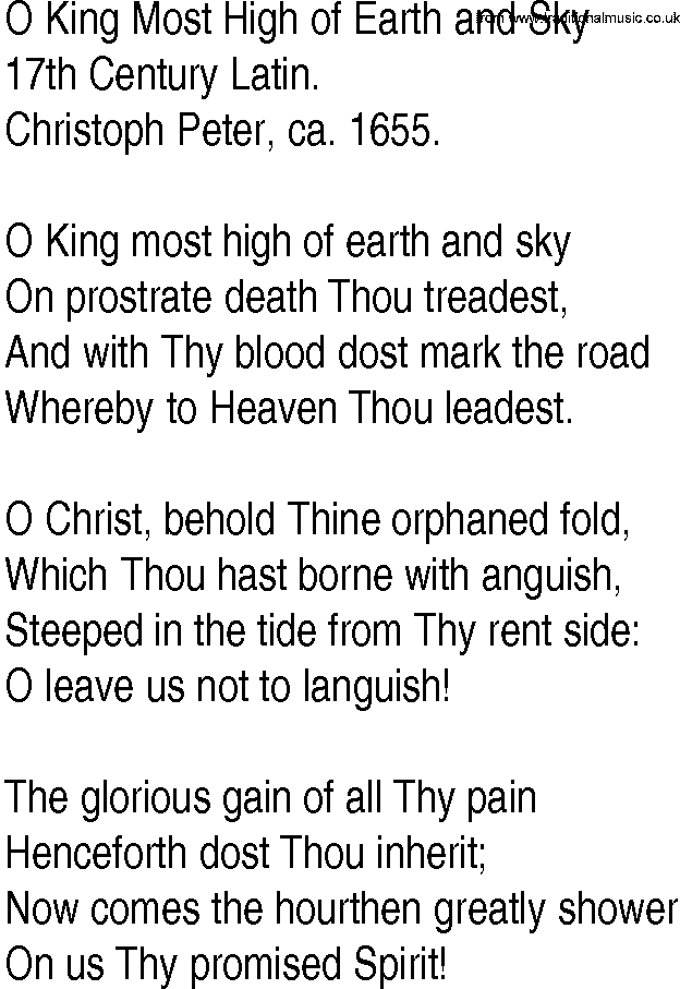 Hymn and Gospel Song: O King Most High of Earth and Sky by th Century Latin lyrics