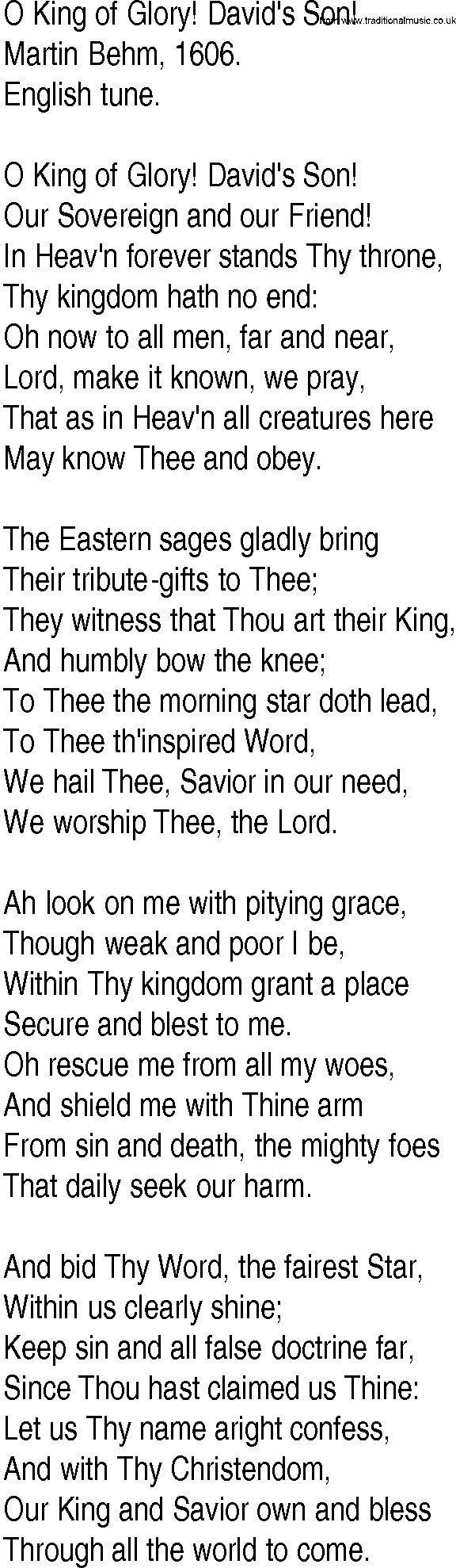 Hymn and Gospel Song: O King of Glory! David's Son! by Martin Behm lyrics