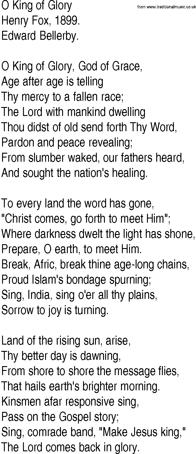 Hymn and Gospel Song: O King of Glory by Henry Fox lyrics