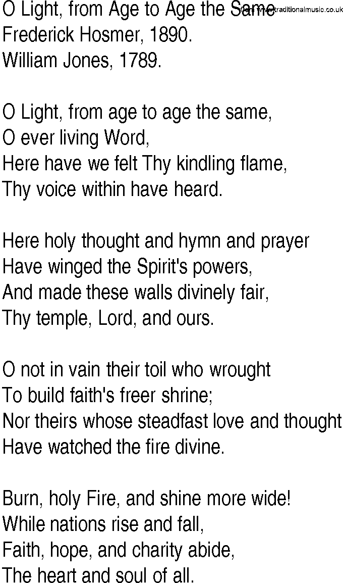Hymn and Gospel Song: O Light, from Age to Age the Same by Frederick Hosmer lyrics