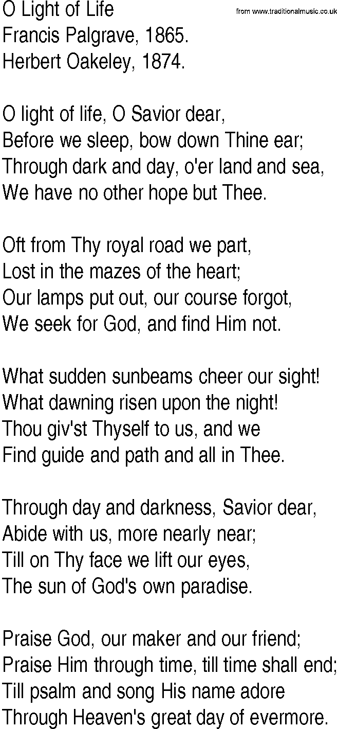 Hymn and Gospel Song: O Light of Life by Francis Palgrave lyrics