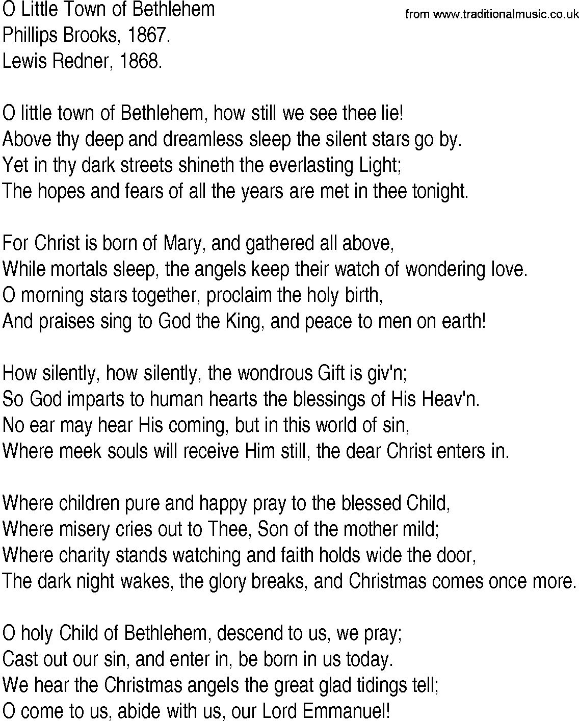 Hymn and Gospel Song Lyrics for O Little Town of Bethlehem by Phillips Brooks