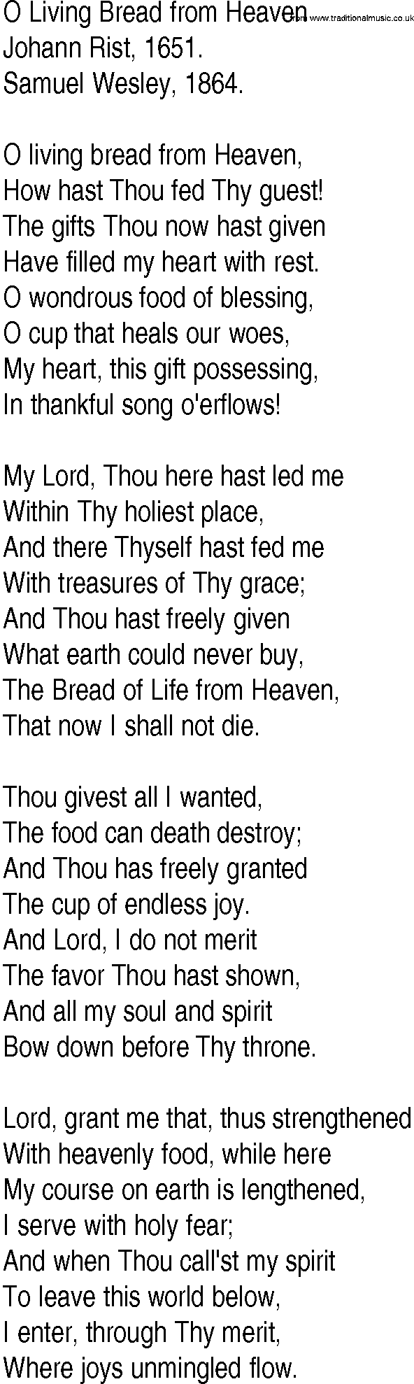Hymn and Gospel Song: O Living Bread from Heaven by Johann Rist lyrics