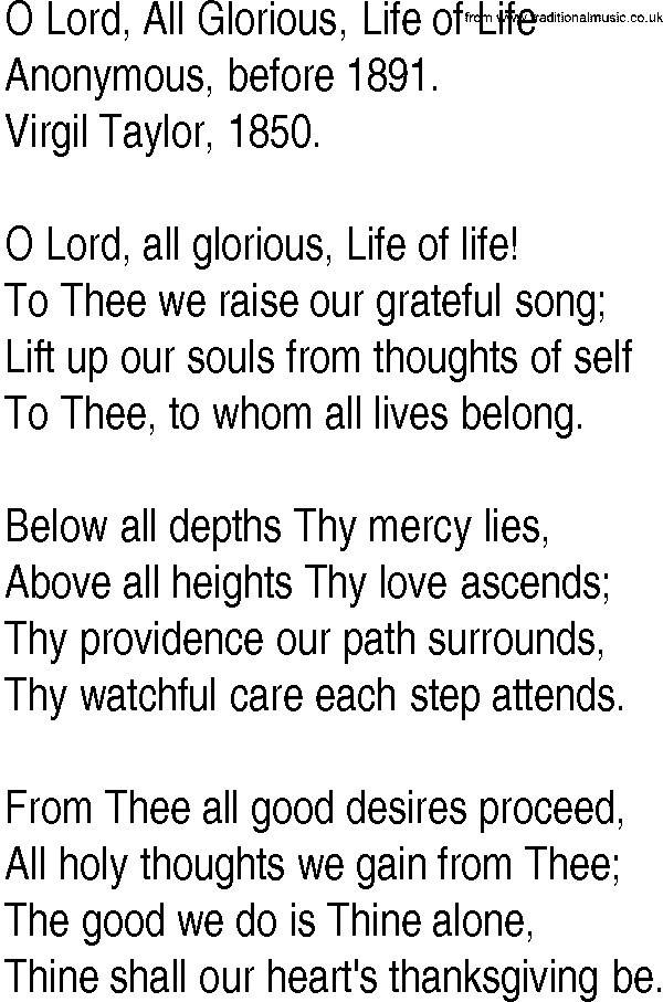 Hymn and Gospel Song: O Lord, All Glorious, Life of Life by Anonymous before lyrics