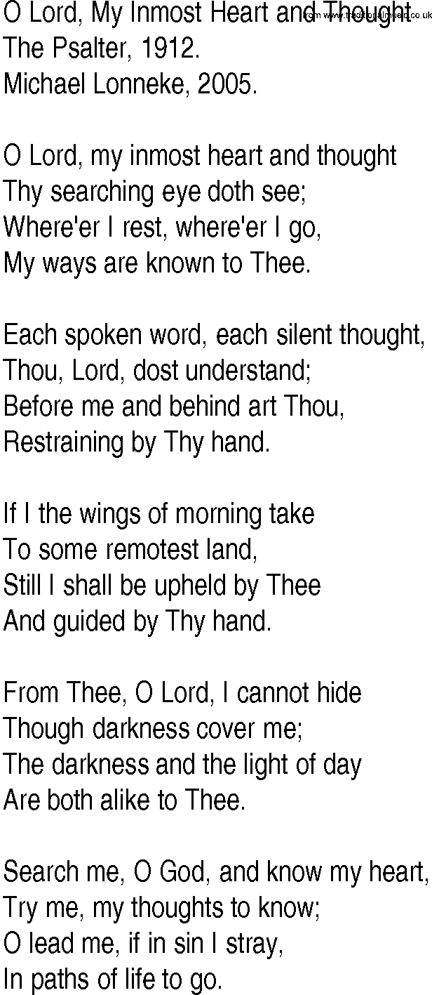 Hymn and Gospel Song: O Lord, My Inmost Heart and Thought by The Psalter lyrics