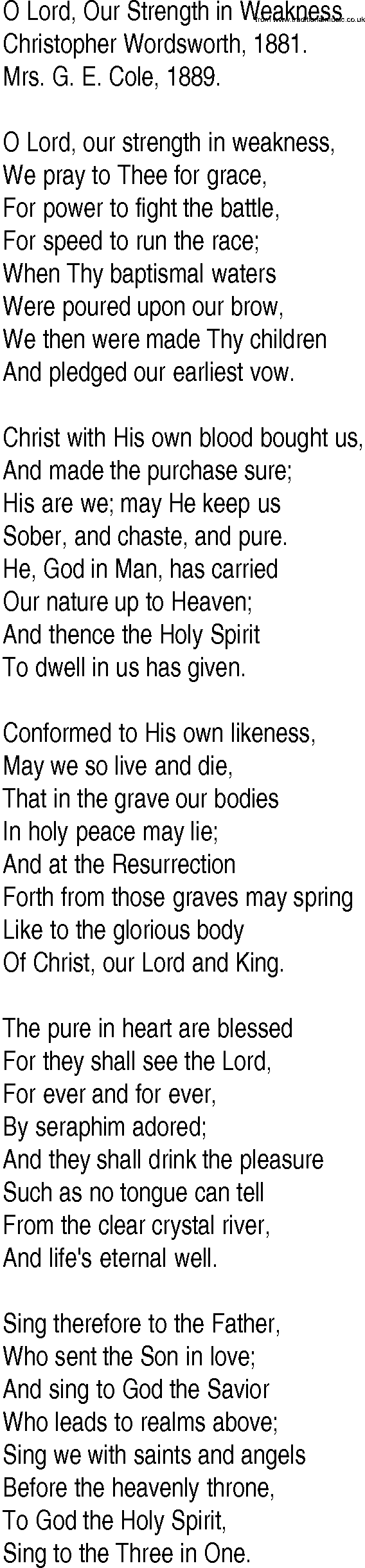 Hymn and Gospel Song: O Lord, Our Strength in Weakness by Christopher Wordsworth lyrics