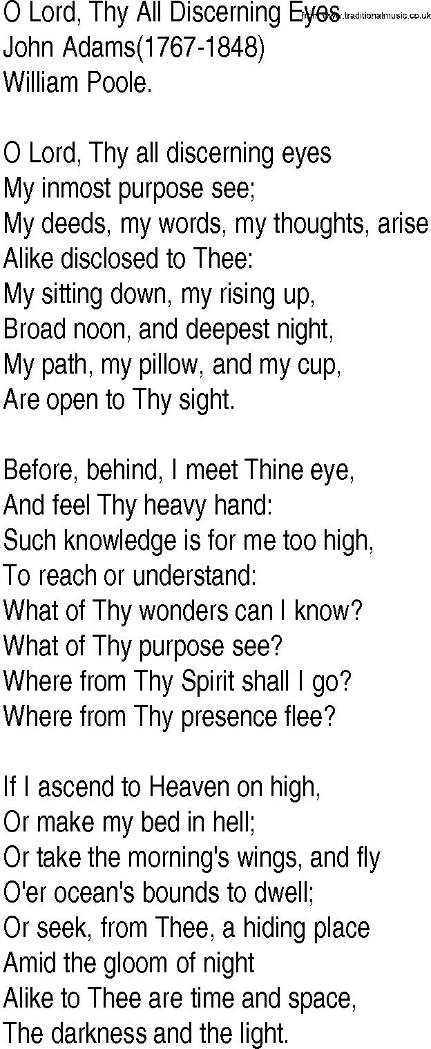 Hymn and Gospel Song: O Lord, Thy All Discerning Eyes by John Adams lyrics