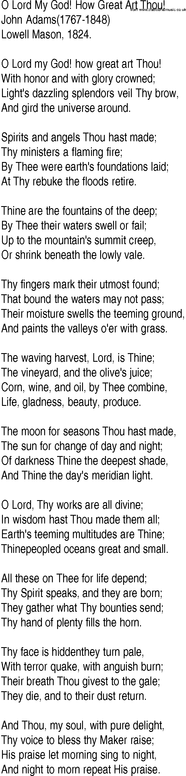 Hymn and Gospel Song: O Lord My God! How Great Art Thou! by John Adams lyrics