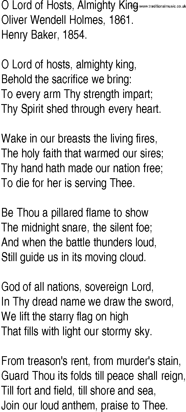 Hymn and Gospel Song: O Lord of Hosts, Almighty King by Oliver Wendell Holmes lyrics