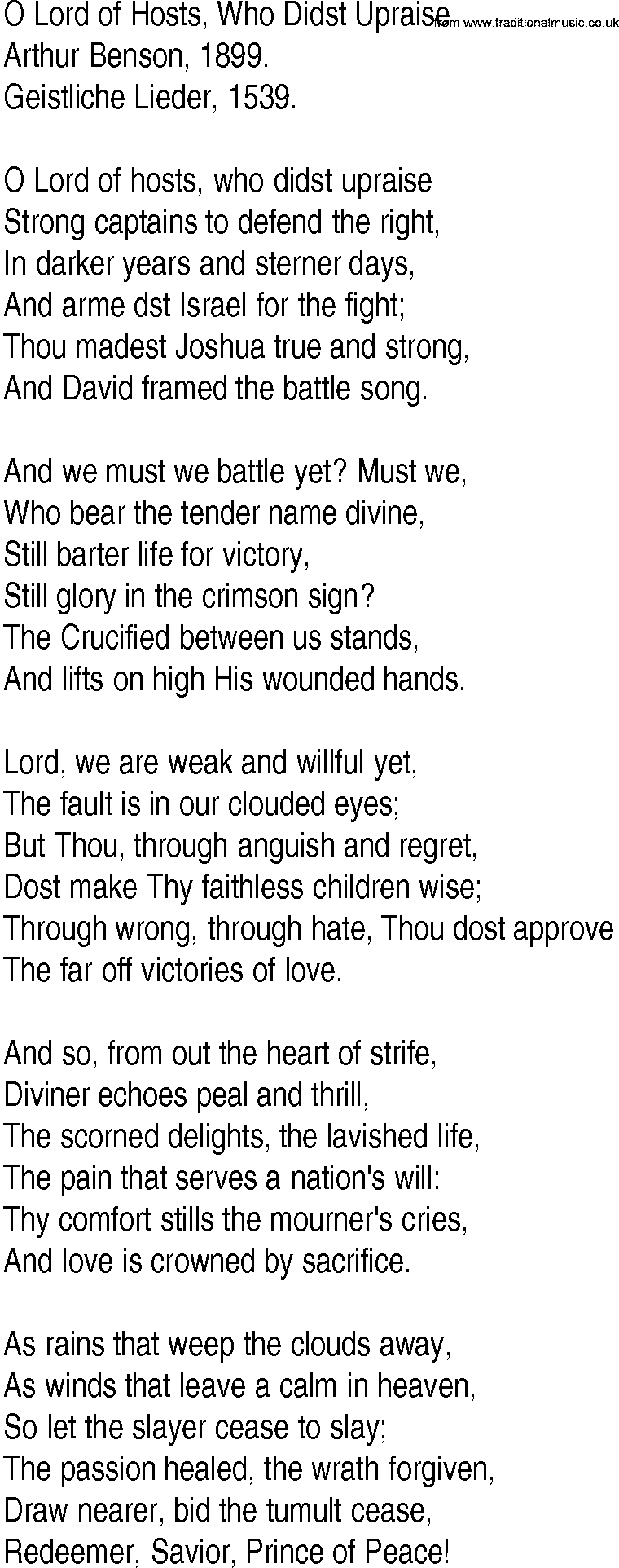 Hymn and Gospel Song: O Lord of Hosts, Who Didst Upraise by Arthur Benson lyrics