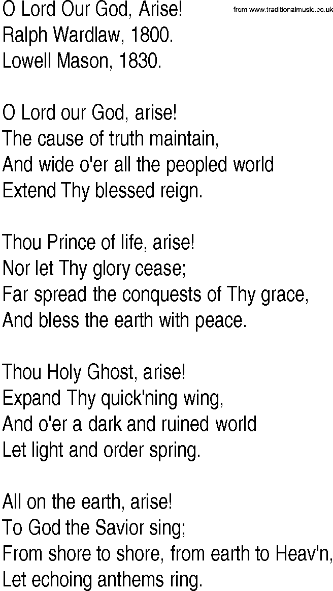 Hymn and Gospel Song: O Lord Our God, Arise! by Ralph Wardlaw lyrics