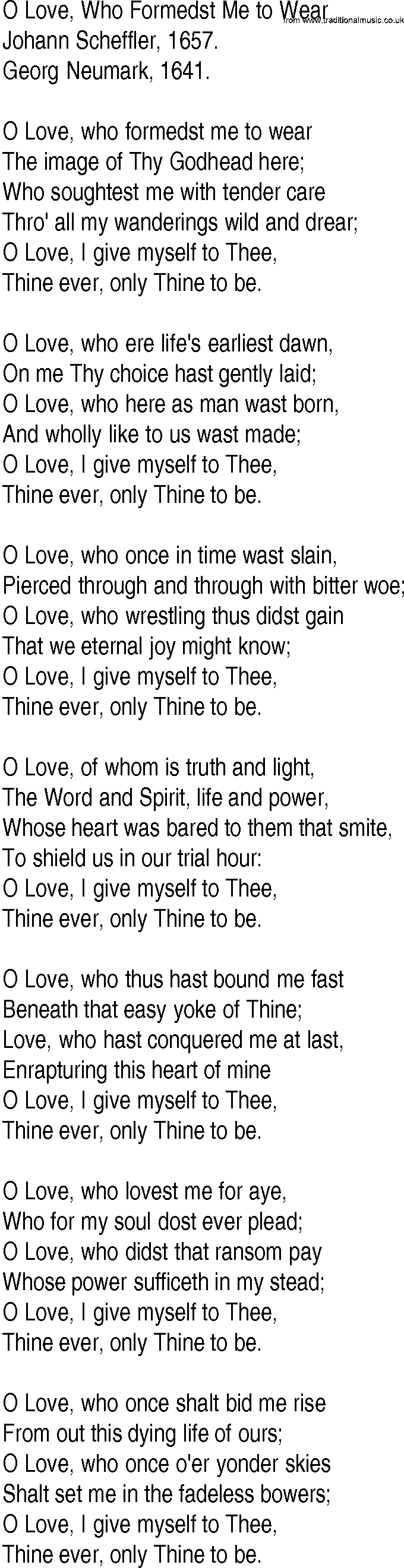 Hymn and Gospel Song: O Love, Who Formedst Me to Wear by Johann Scheffler lyrics