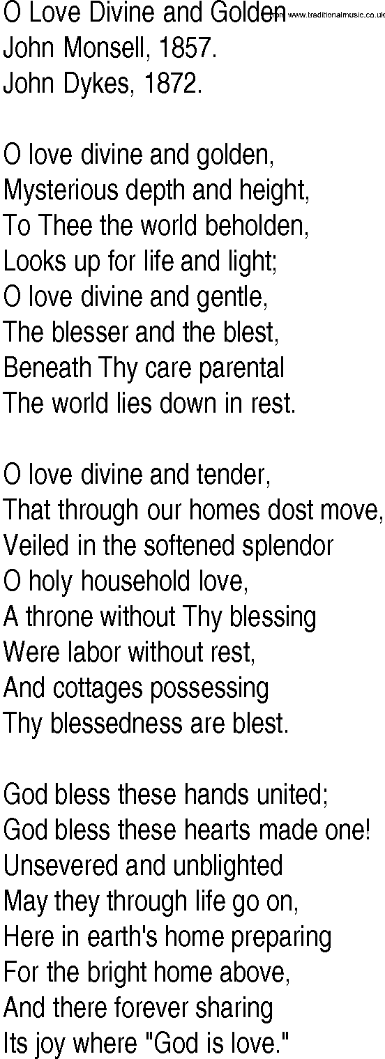 Hymn and Gospel Song: O Love Divine and Golden by John Monsell lyrics