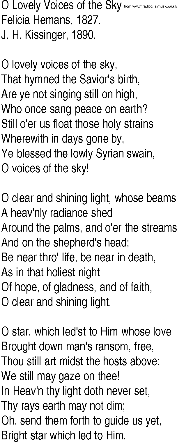 Hymn and Gospel Song: O Lovely Voices of the Sky by Felicia Hemans lyrics