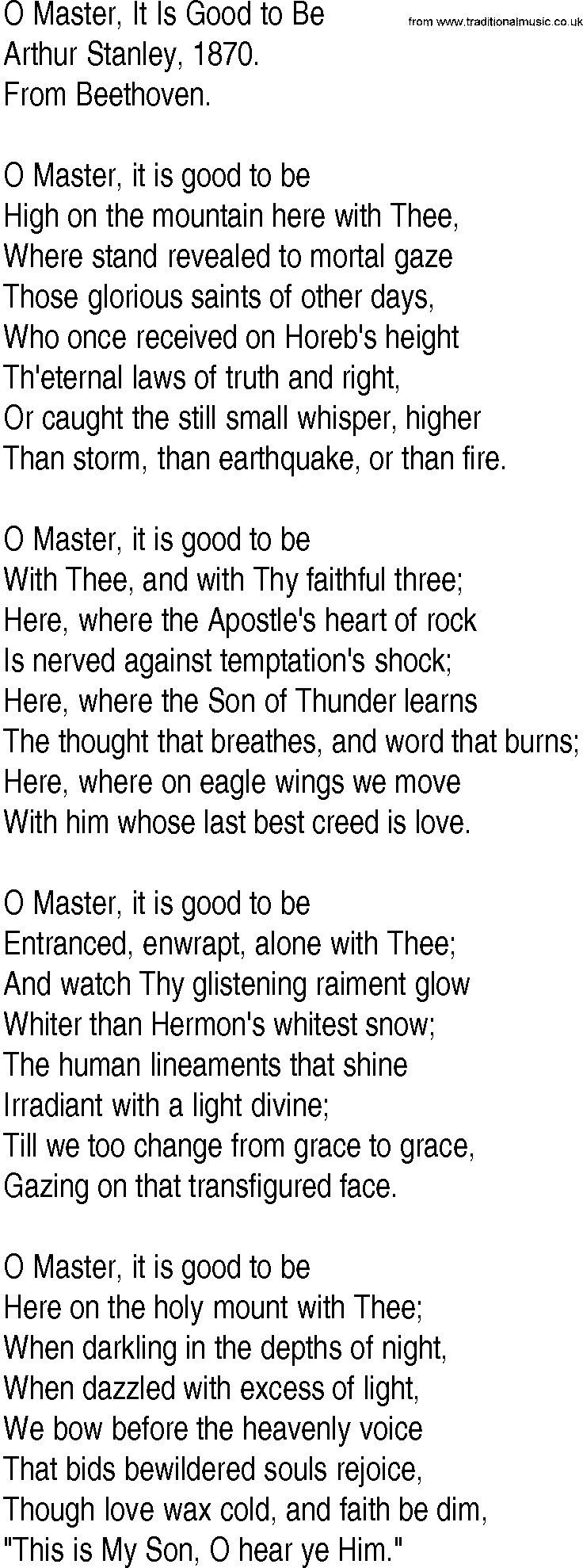 Hymn and Gospel Song: O Master, It Is Good to Be by Arthur Stanley lyrics
