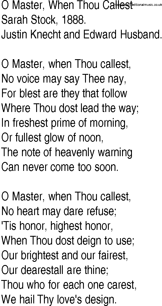 Hymn and Gospel Song: O Master, When Thou Callest by Sarah Stock lyrics