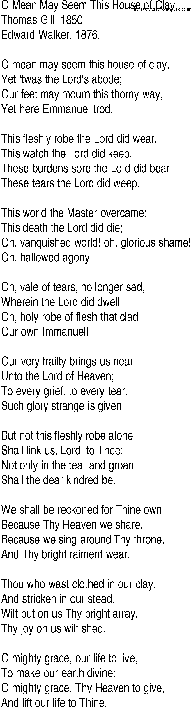 Hymn and Gospel Song: O Mean May Seem This House of Clay by Thomas Gill lyrics