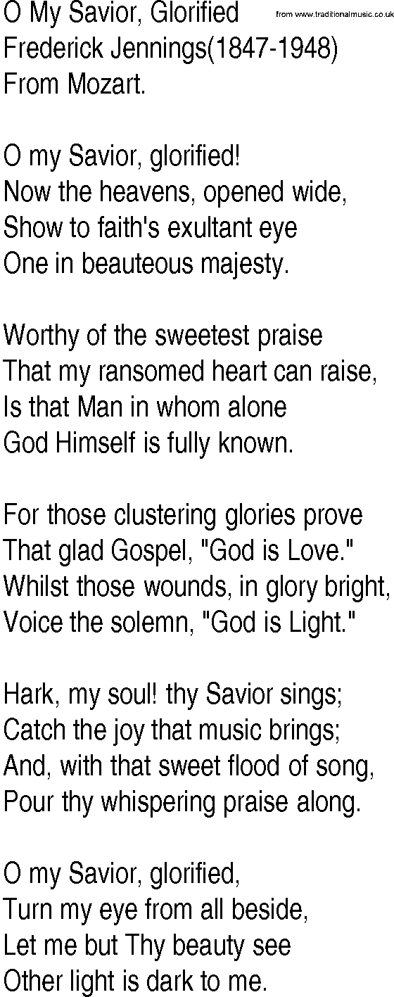 Hymn and Gospel Song: O My Savior, Glorified by Frederick Jennings lyrics