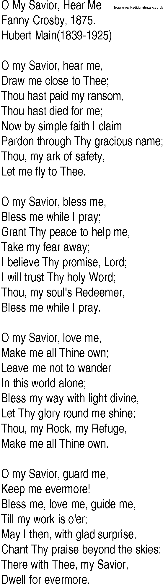 Hymn and Gospel Song: O My Savior, Hear Me by Fanny Crosby lyrics
