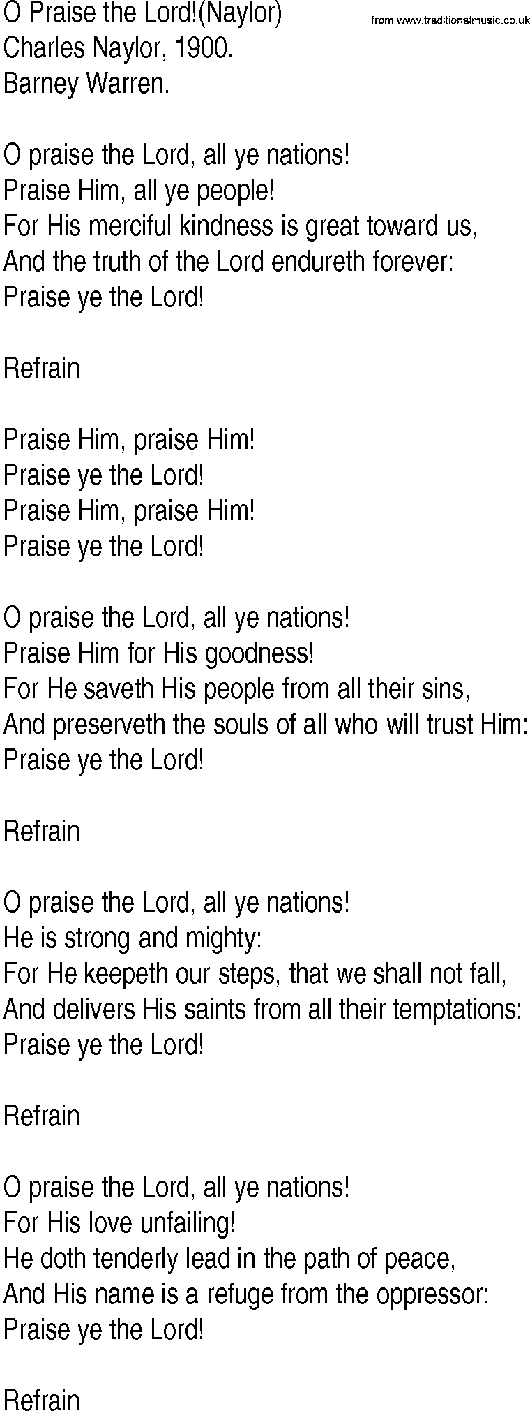 Hymn and Gospel Song: O Praise the Lord!(Naylor) by Charles Naylor lyrics