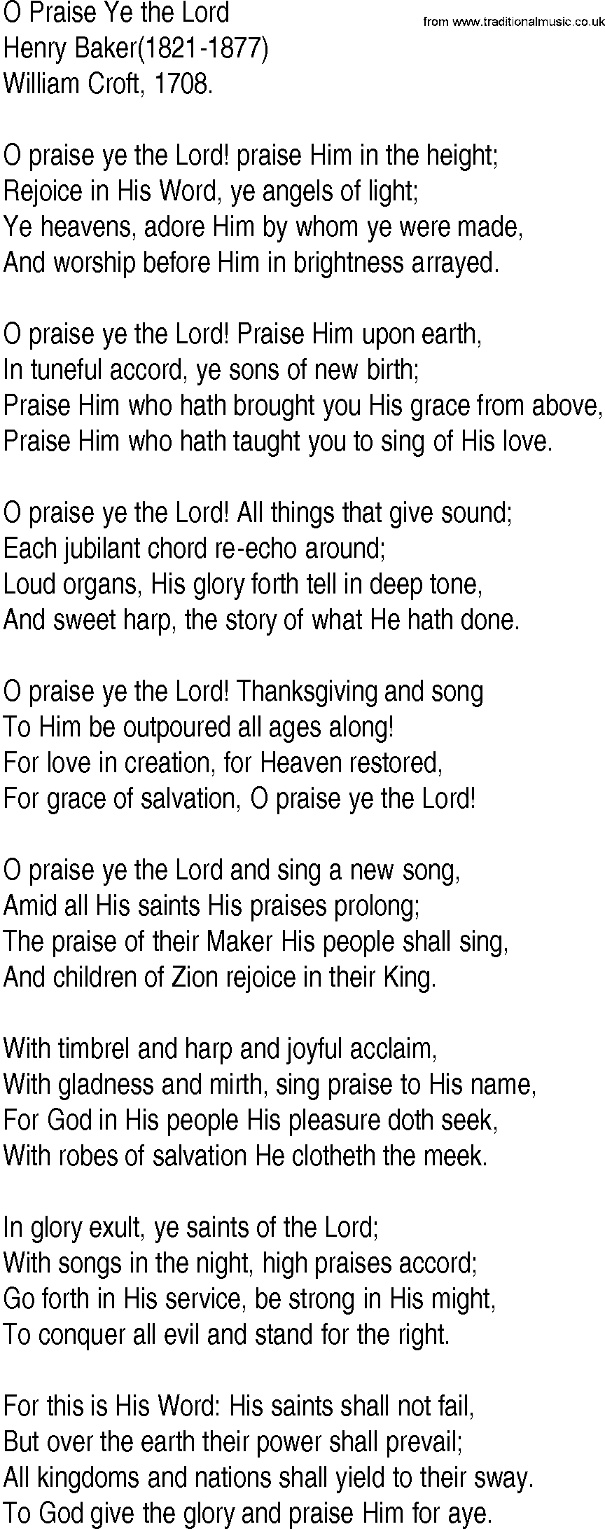Hymn and Gospel Song: O Praise Ye the Lord by Henry Baker lyrics