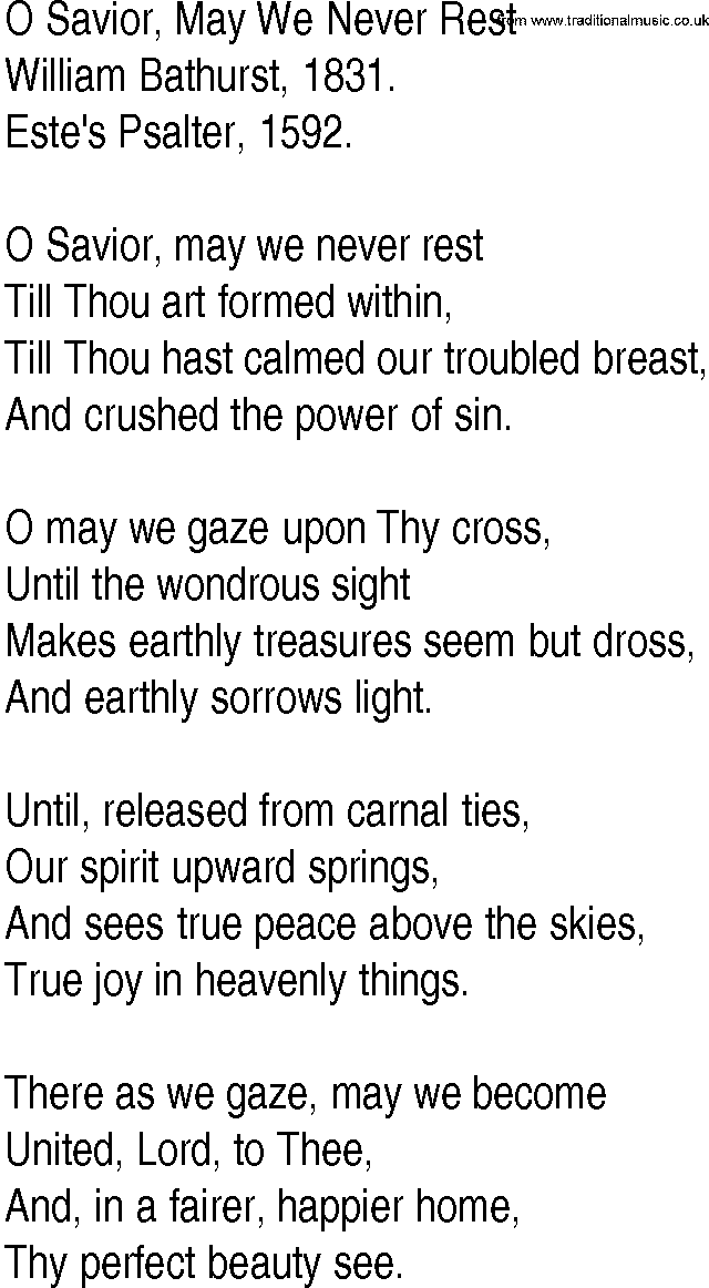 Hymn and Gospel Song: O Savior, May We Never Rest by William Bathurst lyrics