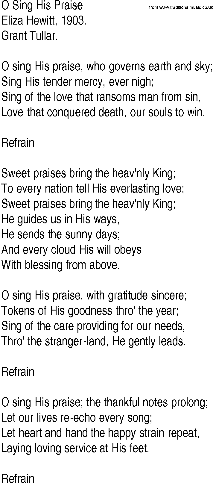 Hymn and Gospel Song: O Sing His Praise by Eliza Hewitt lyrics